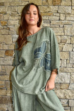 Lindin Linen Blend Crochet Flower Top Washed Khaki